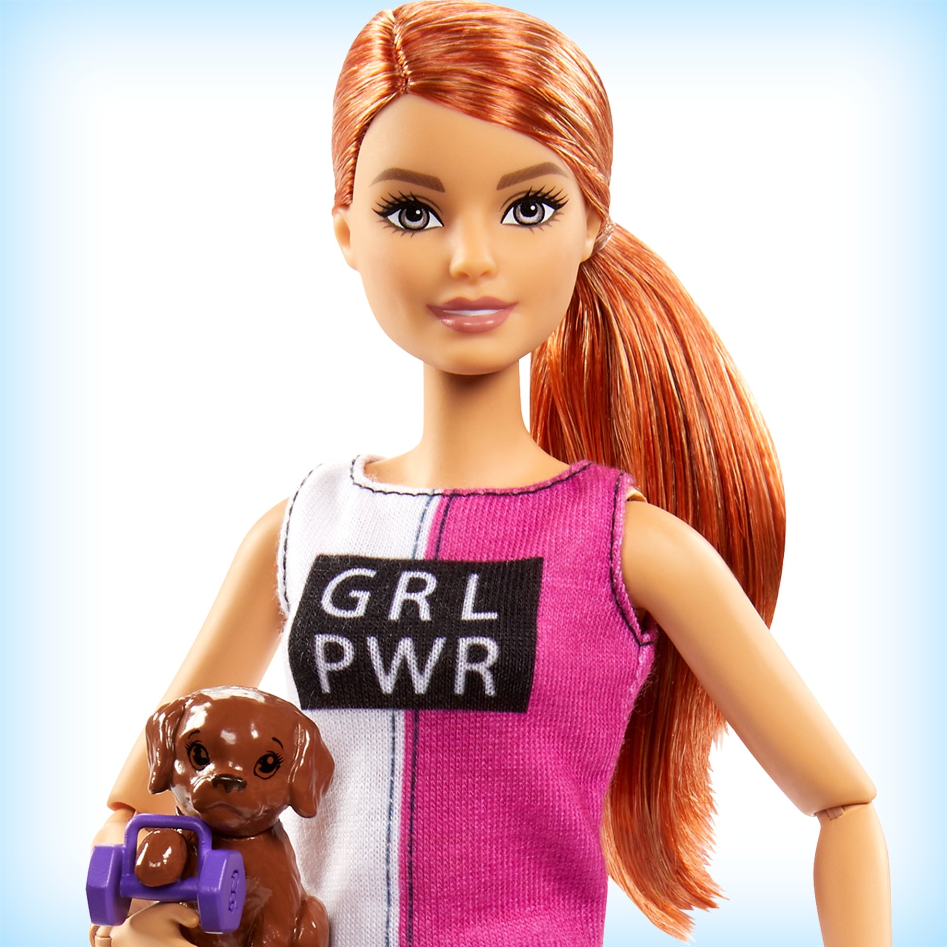 Barbie Fitness Doll, Red-Haired, with Puppy and 9 Accessories