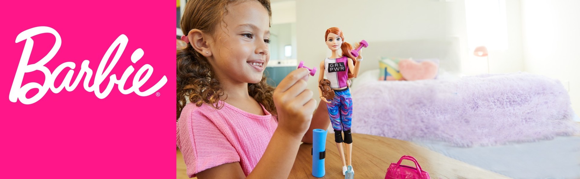 Barbie Fitness Doll, Red-Haired, with Puppy and 9 Accessories 